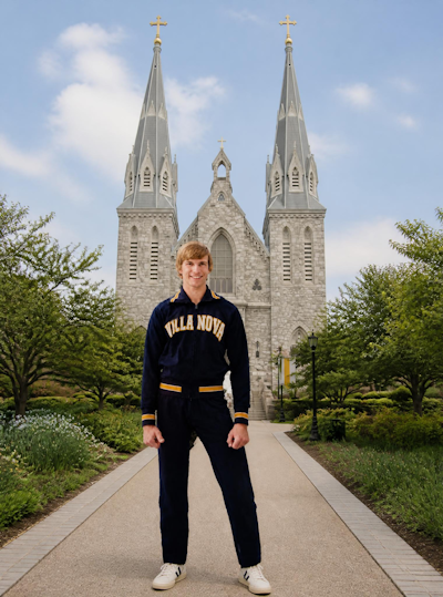 Gary Tomchuk in a Villanova track warm-up suit outside the campus chapel