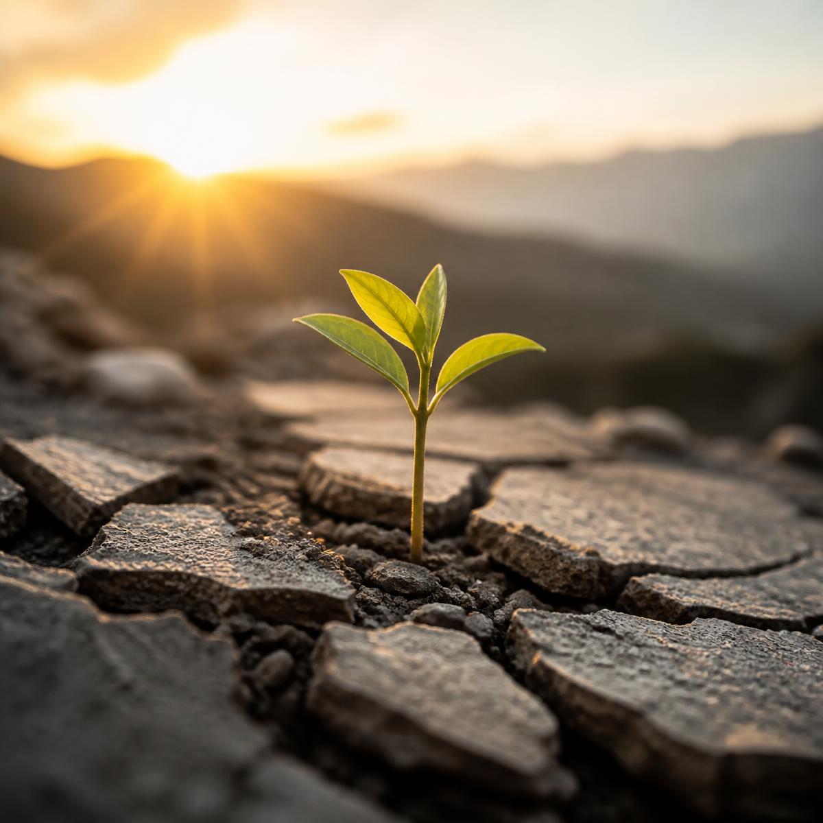 A seedling emerging from cracked stone at sunrise